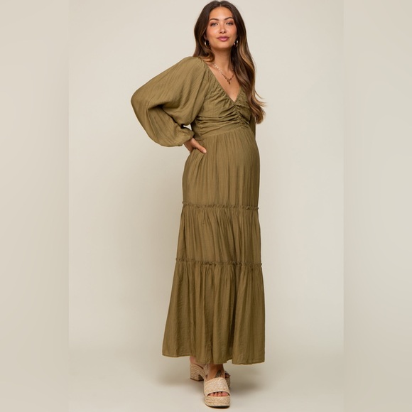 NEW - Maternity Tiered Maxi Dress, Ruched Front, Cutout Back, in Olive - M and L - Picture 3 of 14